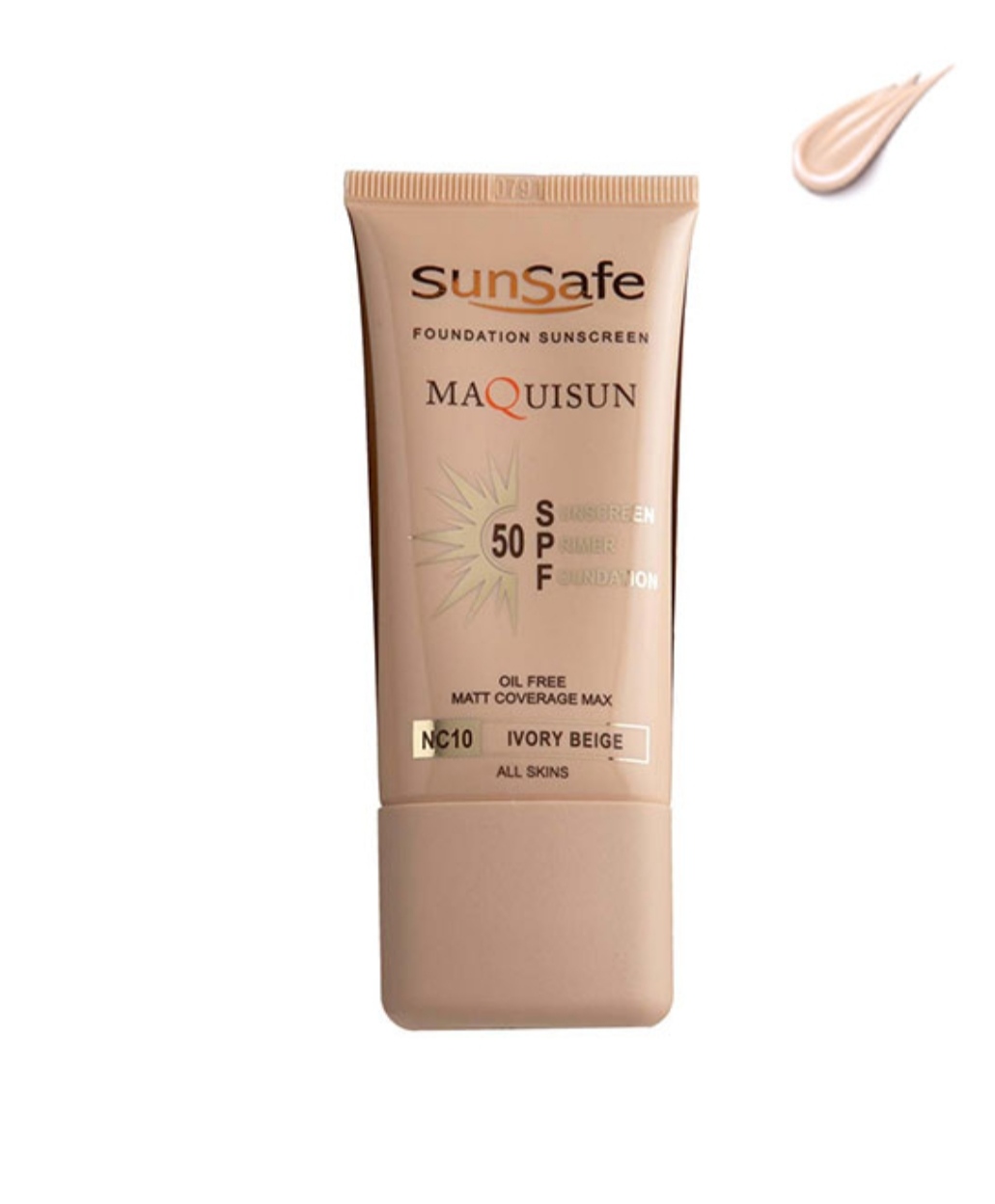 ضد آفتاب کرم پودری و پرایمری سان سیف بژ عاجی با spf50  فاقد چربی انواع پوست حجم 40 میلی لیتر nc10